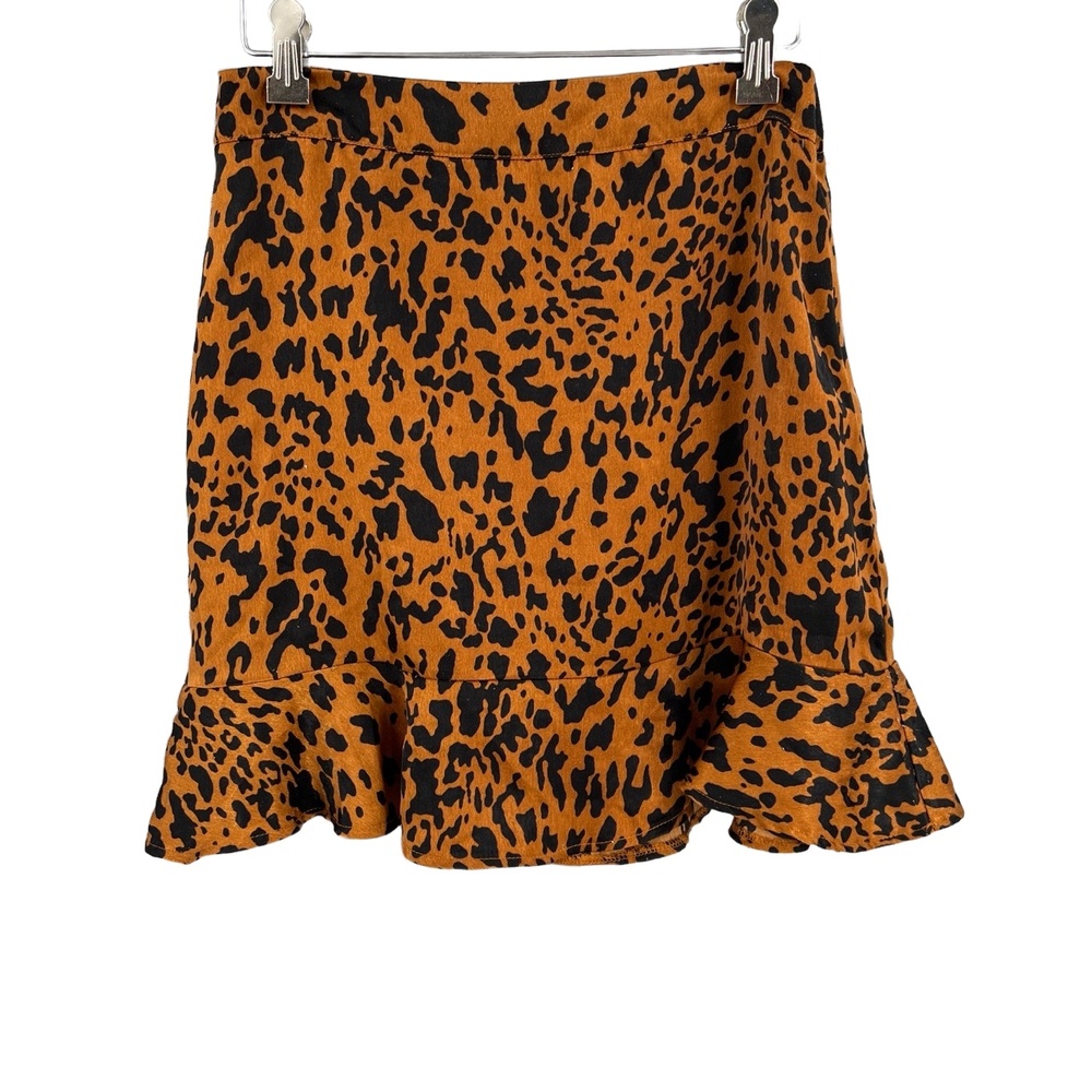 FOREVER 21 Animal Print Mini Skirt Orange Black Ruffled Hem Silky Size M
